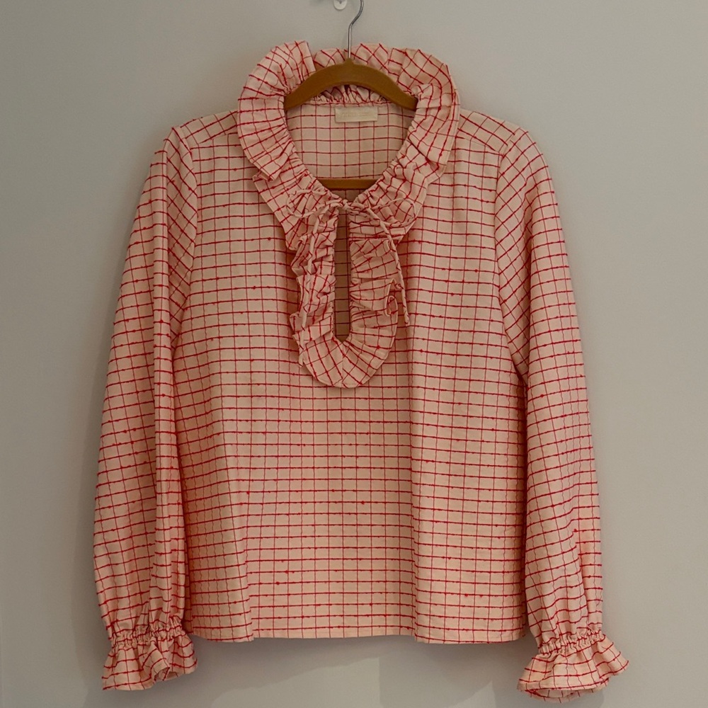 Stine Goya Size M Ruffle Tie Red Cream Cotton Top.
